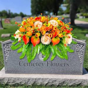 lot 60369 image: FLOWERIA Artificial Cemetery Flowers, Outdoor Grave Saddle for Headstone Decorations with Orange Roses and Tulips - Retail $80