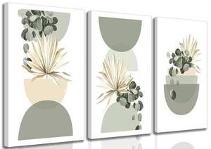 lot 60375 image: 3 Pcs Neutral Abstract Boho Canvas Wall Art Beige Sage Green Mid Century Modern Plants Bohemia Pictures Wall Decor 16 x 24 inch - Retail $60