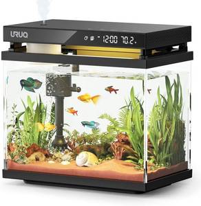 lot 60398 image: Fish Tank Smart Aquarium Kit, URUQ 2 Gallons, Self Cleaning, Multi Layer Filtration System, Silent Pump, UHD Glass, 7 Color Lighting, Temperature Monitoring, Fragrance Diffuser & Humidifier White - Retail $120
