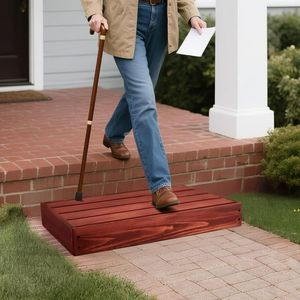 lot 60407 image: 3.4 and 5.9 Adjustable Height Wood Step Stool, 100% Heartwood Step Stools, Wooden Outdoor Step, One Step (25 L X 16 W X 3.45.9 H) - Retail $80