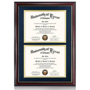 lot 60408 image: GraduationMall Double 8.5x11 Diploma Frame, Solid Wood & UV Protection Acrylic, Cherry Finish  with Gold Trim, Black & Gold Mat