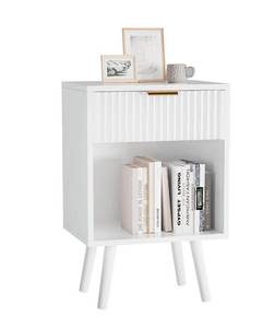 lot 60414 image: YMYNY Mid Century Modern Nightstand, Side Table, Fluted Night Stand with Drawer, Open Shelf Unit, Golden Handle, Solid Wood Legs, Bedside Table, for Bedroom, White