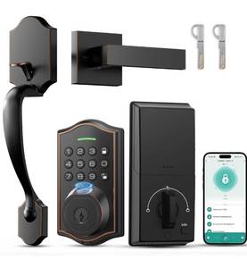 lot 60419 image: Keyless Entry Door Lock with Handle,Fingerprint Smart Front Door Lock Set,APP Control, Electronic Keypad Deadbolt with Lever Handle, Anti-Peeping, Auto Lock, Easy Install, Oil Rubbed Bronze