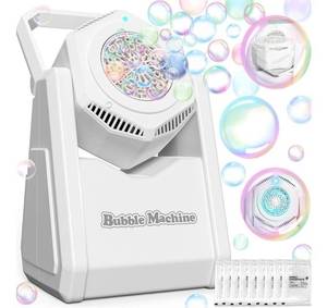 lot 60433 image: Bubble Machine, Bubble Blower for Party 90°Adjustable, Durable Automatic Bubbles Toys for Kids 20000 Bubbles Per Mins, Bubble Maker with Bubble Concentrate Operated by Batteries for Indoor Outdoor