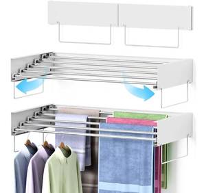 lot 60439 image: Wall Mounted Drying Rack, Laundry Clothes Drying Rack Foldable, Collapsible Hanger Clothing Wall Mount with 2 Towel Handles and Wall Template for Indoor Outdoor Hanging Clothes, 5 Rods, 31.5 Inch