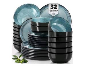 lot 60441 image: 32 Piece Dinnerware Sets for 8 - Modern Style Stoneware Dinnerware Set - Scratch Resistant, Dishwasher Safe Plates and Bowls Sets Ceramic, Dish Set, Bowl and Plate Set - Black and Petrol Blue. Retail $329