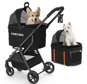 lot 60460 image: PAWZIDEA Pet Stroller 4 in 1, Dog Strollers for SmallMedium DogsCats with Detachable Carrier NO-Zip Canopy, Seatbelt Puppy Car Seat Combo, Foldable & Lightweight Jogger Cat Strollers, Storage Basket. Retail $169