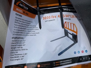 lot 1224 image: Unused Arteer 2025 42 Skid Steer Forks with Backing Plate, lift capacity of 3000 lbs.