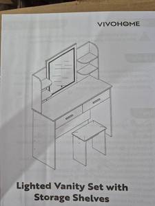 lot 20143 image: Vivohome Lighted Vanity Set with Storage Shelves - Retail $143
