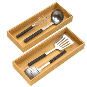 lot 1235 image: VeyFey Bamboo Drawer Organizer, Stackable Utensil Organizer for Kitchen, Bamboo Storage Box Wood Silverware Tray for Drawer 15 x 6 x 2 Set of 2 - Retail $25
