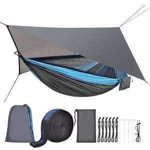 lot 1238 image: FIRINER Camping Hammock with Mosquito Net Rain Fly Heavy Duty Tree Strap Nylon Parachute Single Double Hammock Tent Waterproof Rainfly Set for Camping Backpacking Backyard Patio Hiking Travel Outdoor - Retail $41