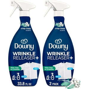 lot 1242 image: Downy Wrinkle Releaser Spray  All In One Formula  Removes Wrinkles  Static and Odor Eliminator  Crisp Linen Scent  33.8 Fl Oz  Pack of 2 - Retail $16