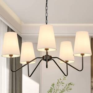 lot 1245 image: 5-Light 30 Modern Chandelier with White Shades, Classic Pendant Ceiling Light Fixture for Dining Room, Black Chandelier with E12 Base Hanging Lamp for Living Room Hallway Bedroom, Height Adjustable - Retail $64