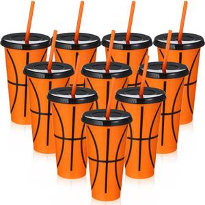 lot 1260 image: Domensi 24 Pcs Plastic Cups with Lid and Straw 24 oz Reusable Plastic Tumbler Party Favors Water Bottle Coffee Mug for Birthday Themed Party Supplies Favor Classroom Exchange Gifts(Basketball) - Retail $33