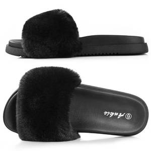 lot 1261 image: Ankis Black Fur Slides-Cute Chic Versatile Pretty Soft Platform Slides, Open Toe, Non-slip Womens House Fluffy Slippers, Fuzzy Slippers for Women Indoor Outdoor, All Seasons 8 - Retail $20