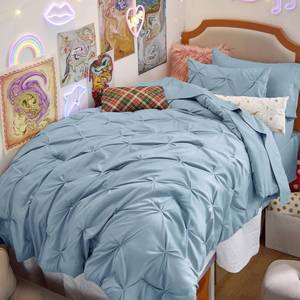 lot 1269 image: Bedsure Twin XL Comforter Set - Extra Long 5 Pieces Dorm Bedding Sets, GentleSoft Pinch Pleat Light Blue Bed in a Bag with Pintuck Comforter, Sheets, Pillowcase &amp Sham - Retail $47