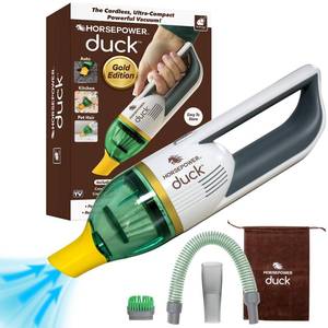 lot 1273 image: Duck Compact Cordless Vacuum by Horsepower, Gold Edition, Ultra-Powerful Upgraded Battery for Extra-Long Run Time, AS-SEEN-ON-TV, Strong Suction, Easy to Store, Portable & Rechargeable. Home & Auto - Retail $60