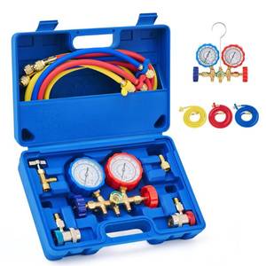 lot 1288 image: Orion Motor Tech 3 Way AC Diagnostic Manifold Gauge Set for Freon Charging, Fits R134A R12 R22 and R502 Refrigerants, with 5FT Hose, Tank Adapters, Adjustable Couplers and Can Tap - Retail $43