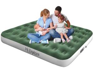 lot 1290 image: Hi Explore Queen Air Mattress with Built in Pump, with Comfort Plush, Inflatable Blow Up Mattress, for Home, Guests, Camping,Green, 10 Height - Retail $53