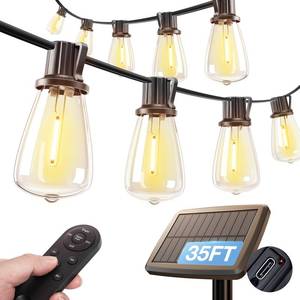 lot 2016 image: addlon 35FT Solar String Lights Outdoor, IP54 Waterproof Solar Powered with Remote & USB Port, 101 LED Shatterproof Bulbs, Dimmable Solar Light Outdoor for Camping Backyard Bistro Porch - Retail $30