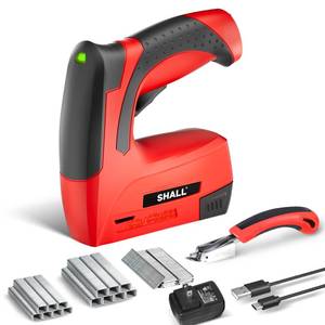 lot 2017 image: SHALL Electric Staple Gun, 3 in 1 Cordless Upholstery Stapler Nail Gun for Wood, 4V Rechargeable Brad Nailer Kit w 2500 Staples Nails, Staple Remover & Fast Charger for Crafts, DIY, Decoration - Retail $37