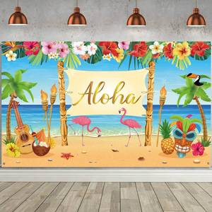 lot 2029 image: Hawaiian Aloha Party Decoration, Extra Large Summer Luau Beach Banner Backdrop Background Photography for Birthday Musical Party Tropical Tiki Themed Decoration, 72.8 x 43.3 Inch - Retail $9