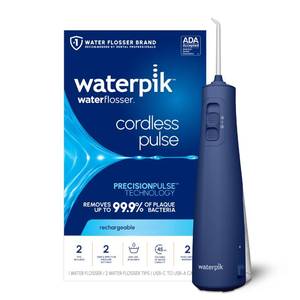 lot 2030 image: Waterpik Cordless Pulse Rechargeable Portable Water Flosser for Teeth, Gums, Braces Care and Travel with 2 Flossing Tips, Waterproof, ADA Accepted, WF-20 Blue, Packaging May Vary - Retail $50