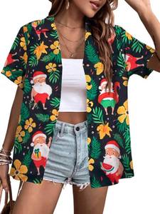 lot 2045 image: Christmas in July Shirt Women Hawaiian Xmas Button Down Shirts Funny Santa Claus Graphic Short Sleeve Button Up Tops Black M - Retail $20