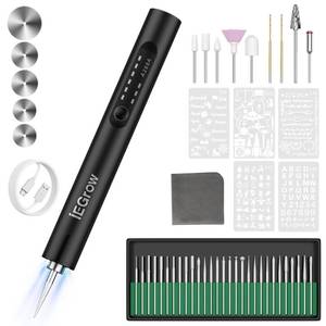 lot 2048 image: Electric Engraving Pen with Light, Mini DIY Electric Etching Machines with 44 Bits,USB Rechargeable Cordless Rotary Tool,Engraving Pen for Metal, Wood, Glass and Plastic Black - Retail $26