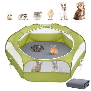 lot 2050 image: 2-in-1 Small Animals Playpen with Pad, Waterproof Small Pet Cage Tent with Reusable Pad, Portable Outdoor Yard Fence with 3 Metal Rod for ChickKittenPuppyGuinea PigRabbitsChinchillas, Green - Retail $30