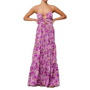 lot 2052 image: ABYOVRT Women Floral Maxi Dress Tie Front Cut Out Backless Boho Spaghetti Strap Summer Beach Sundress (Purple,S) - Retail $37