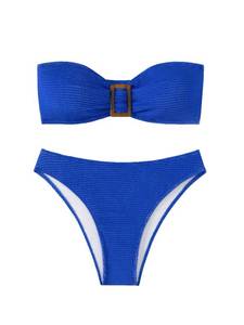 lot 2064 image: GORGLITTER Womens 2 Piece Striped Swimsuit Strapless Bandeau High Waisted Thong Bikini Set Bathing Suit Royal Blue Medium - Retail $29