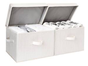 lot 2093 image: StorageWorks Fabric Storage Bins with Lid, Decorative Storage Boxes for Shelves, Stackable Closet Organizer Basket with Handles, Large, Mixing of Beige, White & Ivory, 2-Pack - Retail $27