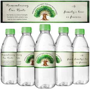lot 2103 image: Dunzoom 100 Pcs Family Reunion Favors Water Bottle Labels Bulk Family Tree Water Bottle Stickers Remember Our Roots Wraps for Reunion Gathering Party Favors Decorations - Retail $15