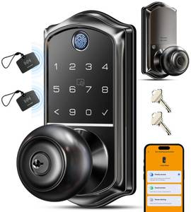 lot 2107 image: Veise VE018 Smart Knob Handle Lock - Fingerprint, App Control, Keyless Entry for Front Door and Bedroom, Electronic Digital Keypad, Auto Lock, Remote Access Sharing, IP55 Weatherproof, Matte Black - Retail $289