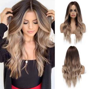 lot 2111 image: Esmee 20 Inches Ombre Blonde Wig with Bangs Synthetic Long Wavy Wigs for Women Brown Roots Blonde Hair - Retail $22
