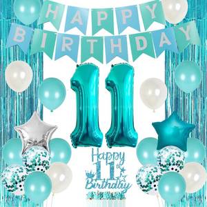lot 2115 image: 11th Birthday Decorations for Girls Teal - Happy 11th Birthday Decorations Eleventh Cake Topper Teal Fringe Curtain Turquoise Banner Number 11 Foil Balloon, 11 Year Old Girl Party Decor - Retail $19