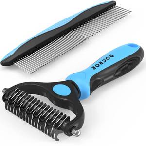 lot 2337 image: Docrok Pet Grooming Combo - Blue Deshedding Brush with Metal Comb for Detangling and Dematting Long, Matted Fur on Cats and Dogs - Retail $15