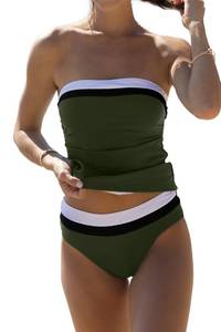 lot 2338 image: Beachsissi Bandeau Swimsuits for Women Strapless Swimwear Bathing Suits Tummy Control Color Block Tankini Sets, Dark Green, S - Retail $40