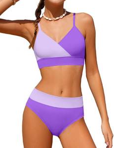lot 2343 image: Girls Swimsuits Size 10-12 V Neck Adjustable Straps Purple Bikini Set Color Block with Cover Up Skirt 3 Piece Set Teen Girls Bathing Suits Size 10-12 - Retail $20