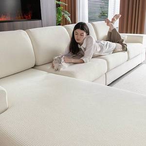 lot 2350 image: OHSIO Sectional Couch Covers, Wear Resistant Stretch Sofa Covers Washable Soft Couch Cushion Covers Anti Slip Furniture Protector Sofa Slipcovers for Pets(3 Pieces 2 Seaters1 Chaise, Ivory) - Retail $80