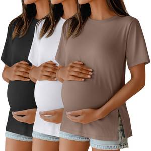 lot 2359 image: Ficerd 3 Pack Womens Maternity T Shirts, Short Sleeve Side Split Pregnancy Tops Casual Crew Neck Pregnant Tees Mama Clothes(Black, White, Coffee,Medium) - Retail $93