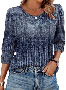 lot 2362 image: Plus Size Boho Tops for Women 34 Length Sleeve Summer Shirts Dressy Casual Blouses Beach Vacation Clothes Crewneck with Button Cuffs Tie-Dye Navy 3XL - Retail $14