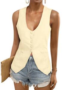 lot 2365 image: Tankaneo Womens Scoop Neck Blazer Vest Summer Linen Sleeveless Fitted Waistcoat Work Casual Cotton Suit Tops M - Retail $33