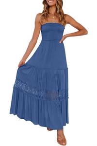 lot 2369 image: ZESICA Womens 2025 Summer Bohemian Strapless Off Shoulder Lace Trim Backless Flowy A Line Beach Long Maxi Dress,Blue,X-Small - Retail $139