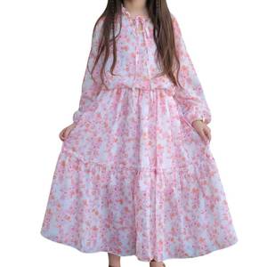 lot 2372 image: fioukiay Girls Fall Dress Size 6-7 Long Lantern Sleeve V-Neck Floral Printed Smocked Waist Maxi Dresses Holiday Pink - Retail $22