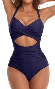 lot 2374 image: Eomenie Womens One Piece Swimsuits Tummy Control Cutout High Waisted Bathing Suit Wrap Tie Back 1 Piece Swimsuit Dark Blue 2XL - Retail $37