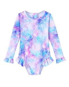 lot 2375 image: Girls Long Sleeve Swimsuit One Piece Rash Guard Bathing Suit Kids Swimsuits Cute Ruffle Zipper Little Girls Swimsuit Purple Mermaid 4t Swimsuits Girl - Retail $13