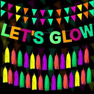 lot 2380 image: Outus Neon Party Supplies Includes Lets Glow Banner 20 Pieces Neon Paper Tassels and Neon Triangle Flag Glow in The Dark Party Supplies Bunting Party Hanging Decorations for Halloween Birthday Party - Retail $10