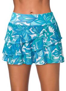 lot 2383 image: Aleumdr Womens Three Layered Swim Skirted Built-in Bikini Swim Bottom Only Swim Dress Sky Blue Printed Large - Retail $206